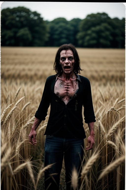 vintage image of a zombie in a wheat field in usa

,photorealistic , battered photo,<lora:659111690174031528:1.0>