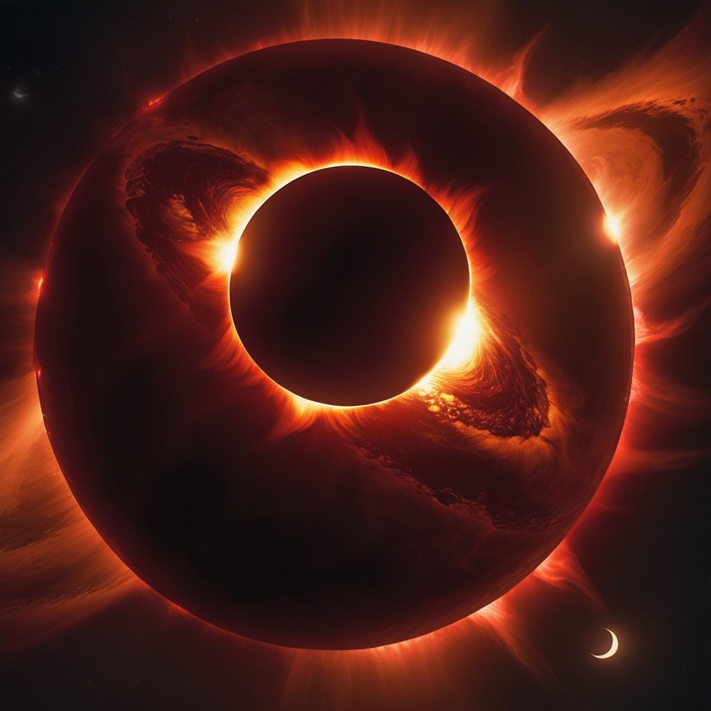 (Masterpiece),best quality,8k,hd,fantasy,A perfect solar eclipse,the moon turns red, the corona of the sun is flaring wildly