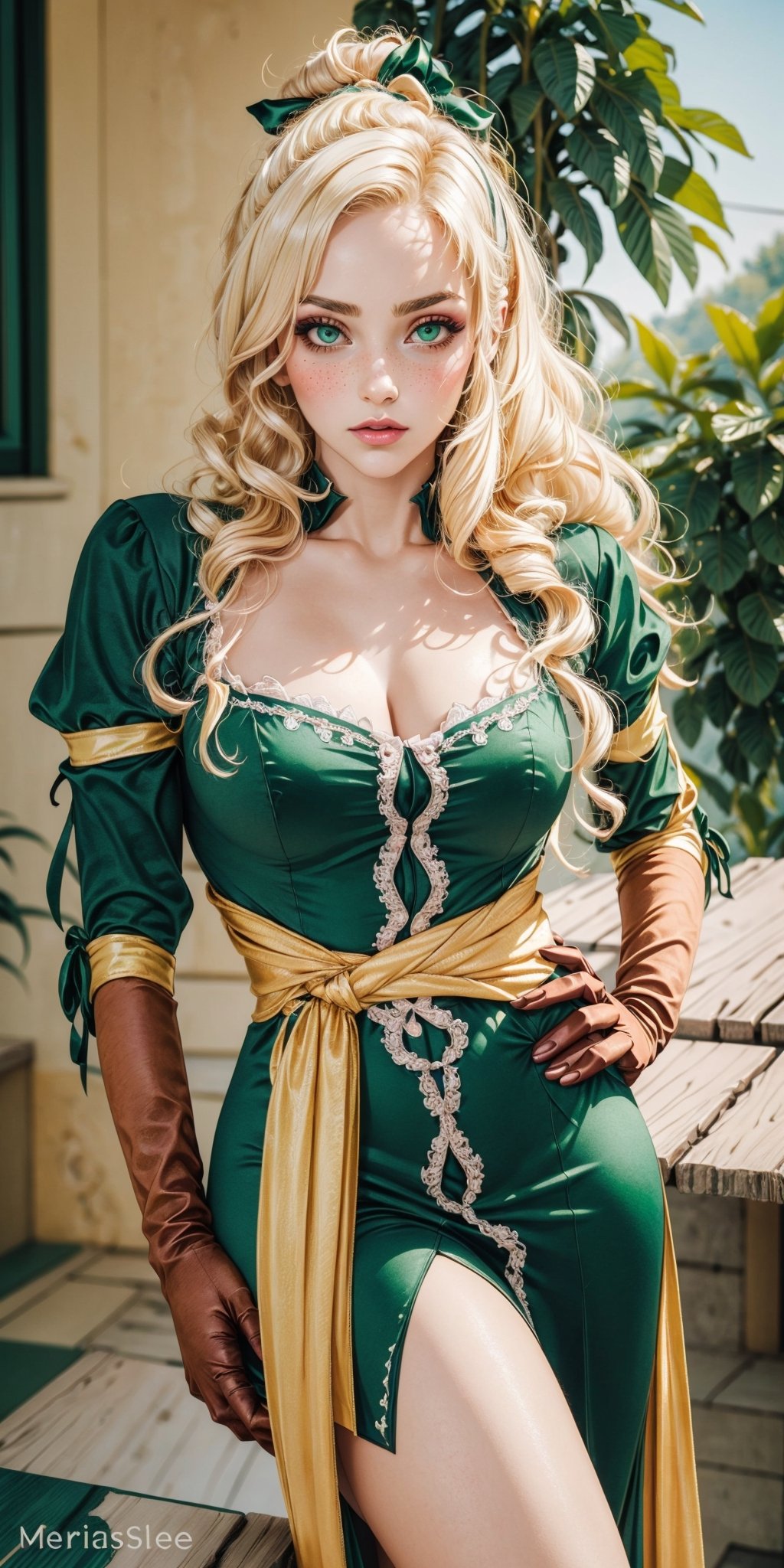 (masterpiece, best quality,high detailed), picture perfect face, blush,freckled,girl,Maria,perfect female body,slim,thicc hips, beautiful,cute,hot,sexy,lipgloss,makeup,longeyelashes, blonde hair,long hair,wavy hair,ribbon,Green eyes,sleeves,Green dress,gloves,