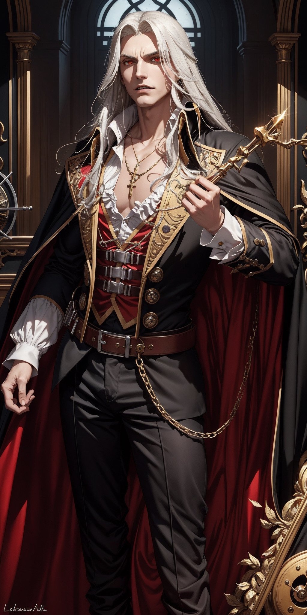 masterpiece,best quality,ultra-detailed,High detailed,picture-perfect face,man,no beard,white hair,confident,long hair,curly hair,red glowing eyes,fangs,alucardcastlevania,castlevania,infront of gothic castle,red and black vamipere attire,cape,ornate and intricate,gold trim,belt,epic pose,fantasy,steampunk,inside cloctkower,enormous cogwheels,machinery,levers