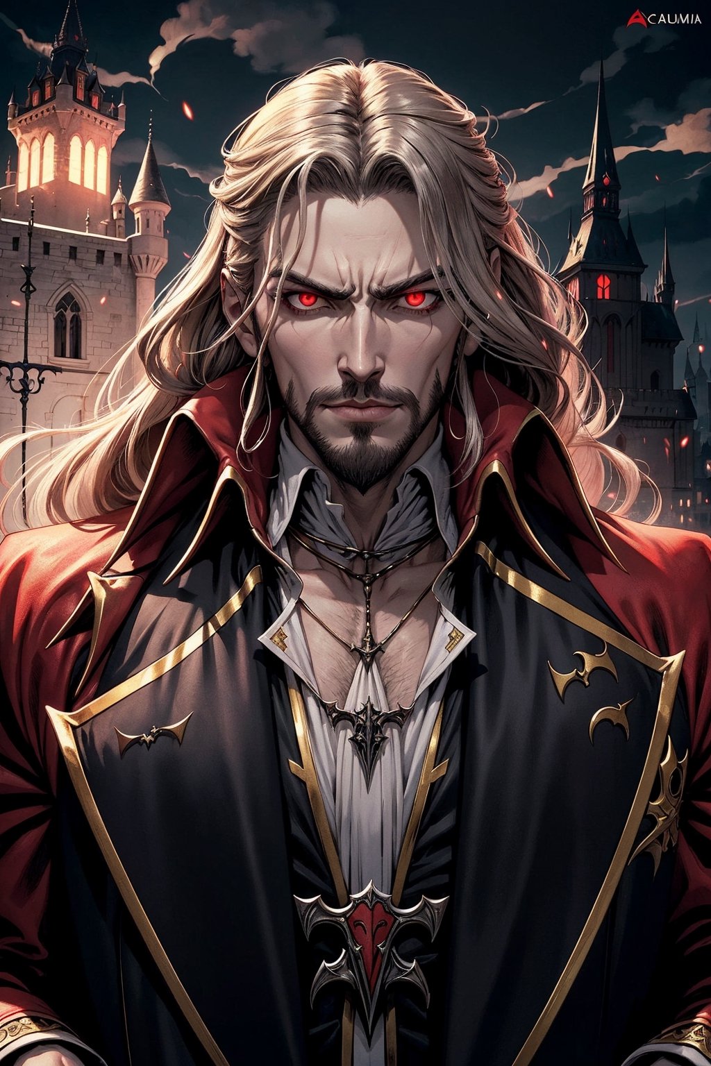 masterpiece,best quality,ultra-detailed,High detailed,picture-perfect face,man,alucard,manly,red glowing eyes,white curled hair,long hair,alucardcastlevania,black and gold trimmed frock,castlevania,konami,infront of gothic castle,