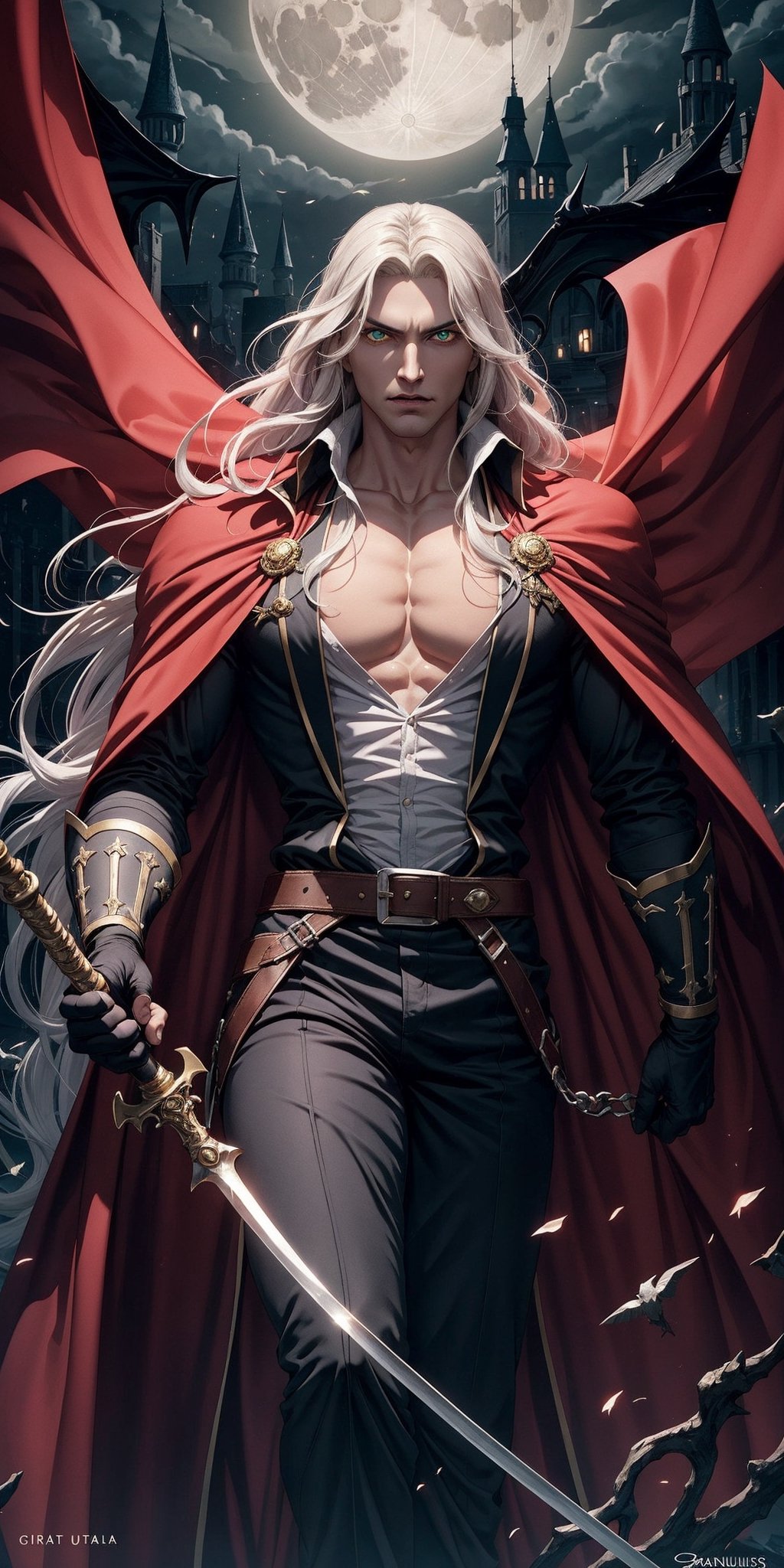 masterpiece,best quality,ultra-detailed,High detailed,picture-perfect face,man,no beard,white hair,confident,long hair,curly hair,green glowing eyes,fangs,alucardcastlevania,castlevania,red and black attire,cape,ornate and intricate,gold trim,belt,epic pose,fantasy,dark castle reaching for the moon,black tower,omnious,gripping a sabre,