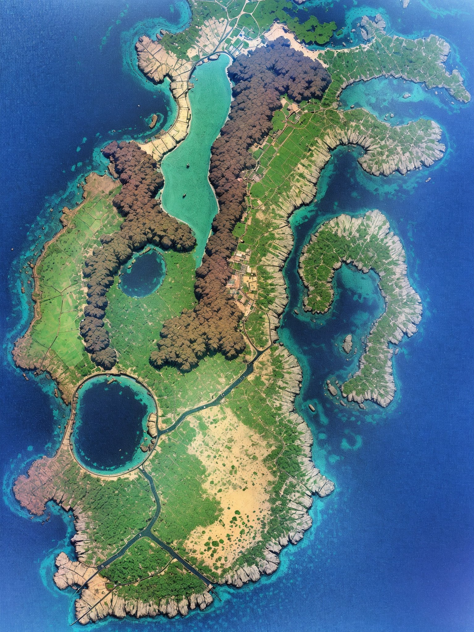 best quality,8k,hd,ultra realistic, helicpoter photo, A map of a fantasy jungle island, displaying rivers,swamps,jungles,mountains , several small islands and a sharp reef surrounds most of the remote island, most of its shorelines are fertile red clay, the southlands are farmlands of sugarcanes and wild wheats,the east is a pale ghost jungle, the northern plateus of the islands are surrounded by a marshlands deltaa where several of the freshwater rivers from the mountains meet, the highlands on the north is a dense jungle surrounded by mighty mountains,
(only the southernmost part of the island has a harbor and some colonies),