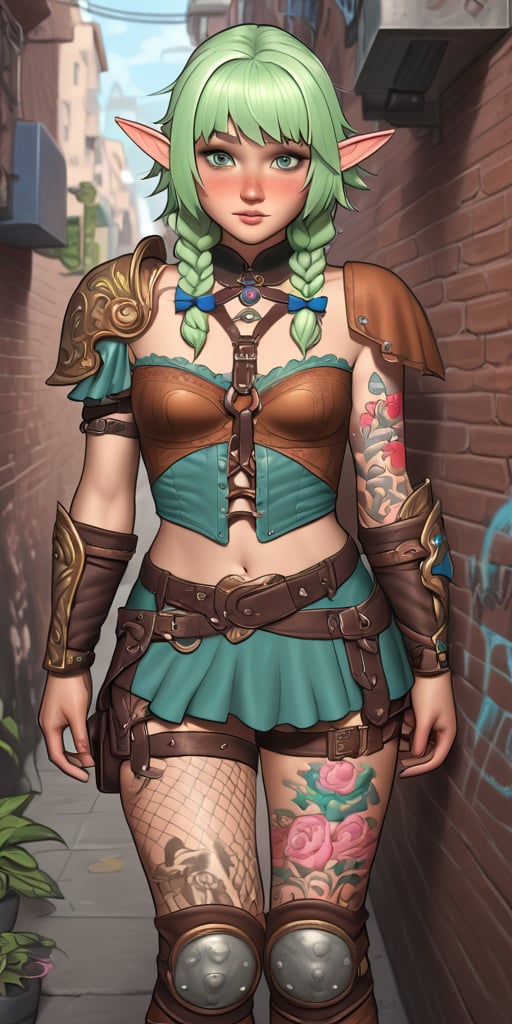 (masterpiece,best quality),High detailed,picture perfect face, blush,freckles,elf,tattoo,light green hair,cut bangs,braids,tattoo,colorful,goddess,sexy,charming,alluring,seductive,enchanting,cute,tomboy,naive,makeup,mascara,supernatural beauty,leather armor,shoulder pads,knee pads,elwbow pads, harness,belt,skirt,strapless top,fisnet leggings, fantasy,adventure,city,alley