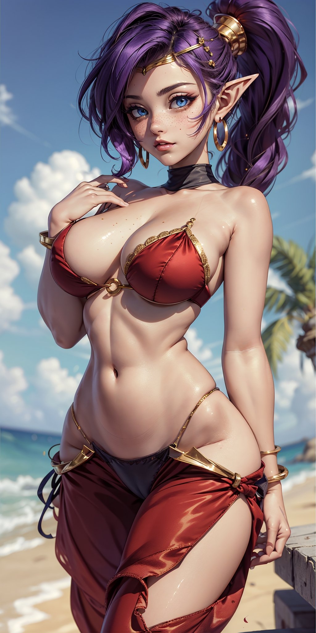 (masterpiece, best quality, ultra-detailed, 8K),High detailed, picture perfect face,blush,freckled,(dark skin),elf,perfect female body,hourglass body shape, very slim waist,very thic hips,(blue eyes,iridiscent eyes),(purple hair,ponytail),cute,sexy,alluring,charming,seductive,erotic,GAME_shantae_ownwaifu,(red o-ring top and harem pants,see-trough silk),cleavage,bare shoulders,hoop earring,bracer,tiara,fantasy,persia,long hair,preform erotic belly dance,flirting,