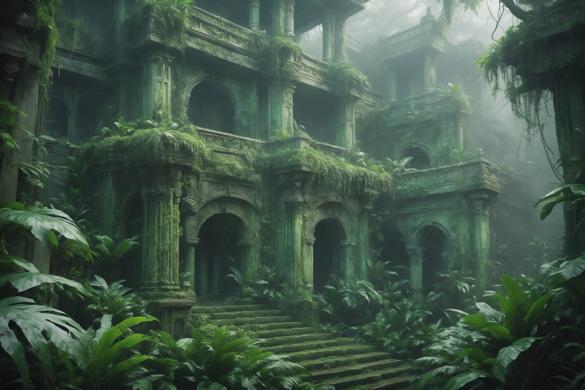 (Masterpiece),best quality,8k,hd,fantasy, a ghoslty pale green jungle,the dense fog,mysterious,jungle,lush and green,omnious,foreboding,Architectural100