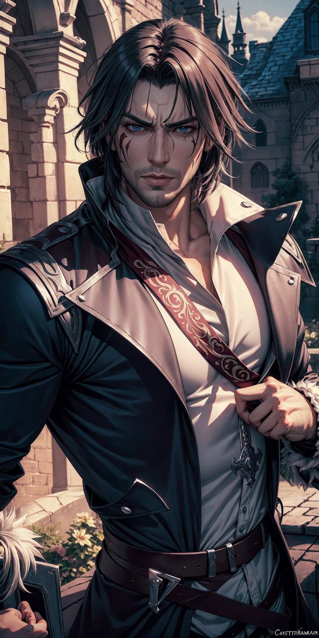 masterpiece,best quality,ultra-detailed,High detailed,picture-perfect face,man,manly,eye scar,dark hair,bandana,castlevania,konami,infront of gothic castle,trevorbelmont,blue coat,ornate and intricate,silver lining,belt,epic pose,fantasy,town