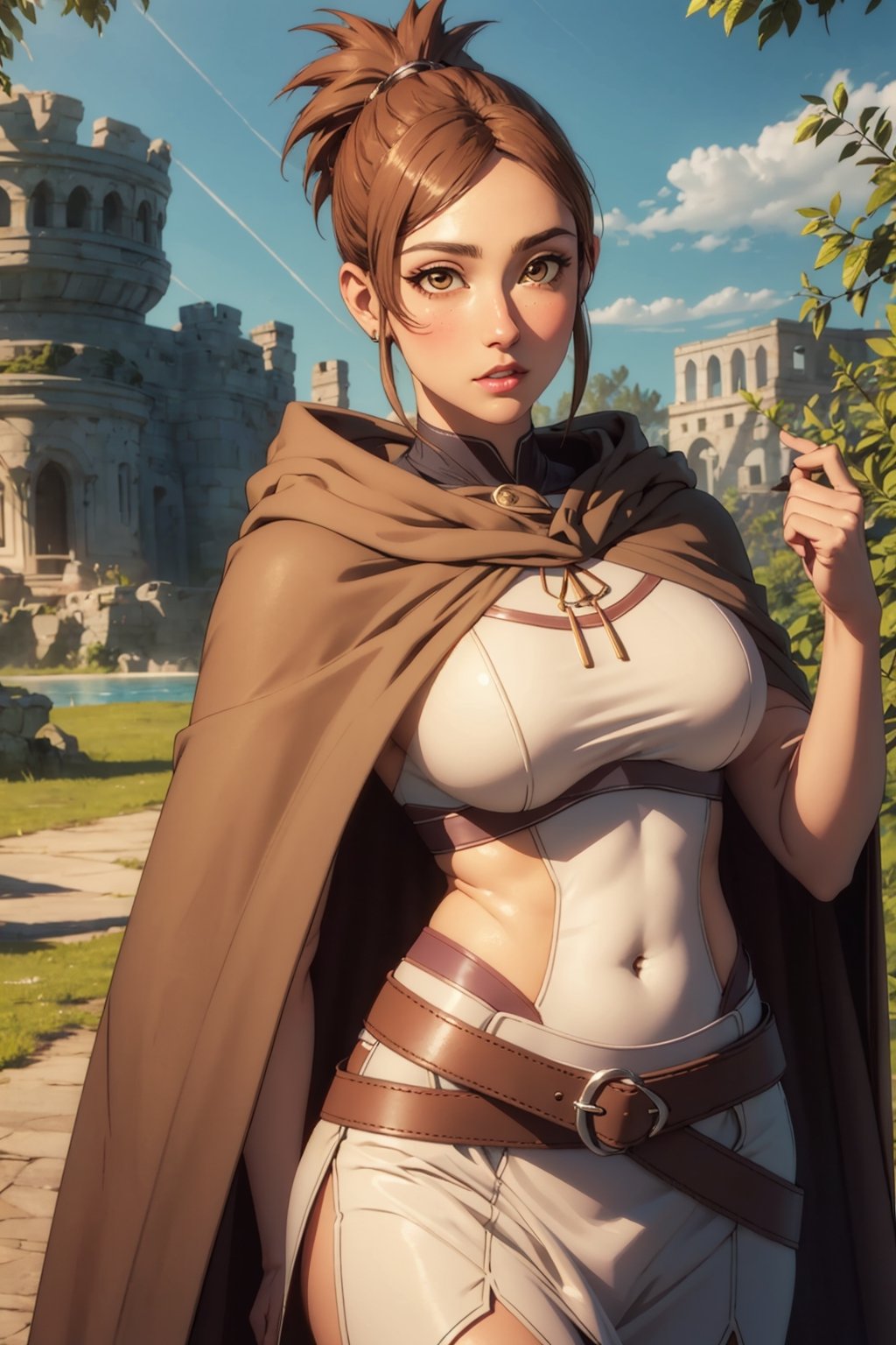 (masterpiece, best quality, ultra-detailed, 8K),High detailed, picture perfect face,blush,,perfect female body,slim waist,thic hips,abs,pink lips,hand behind head,dotamarci,marci, bangs, brown hair, (brown eyes:1.5), ponytail, short ponytail, belt, cape, armor, cloak, pouch, brown belt, belt pouch, looking at viewer,outdoors,