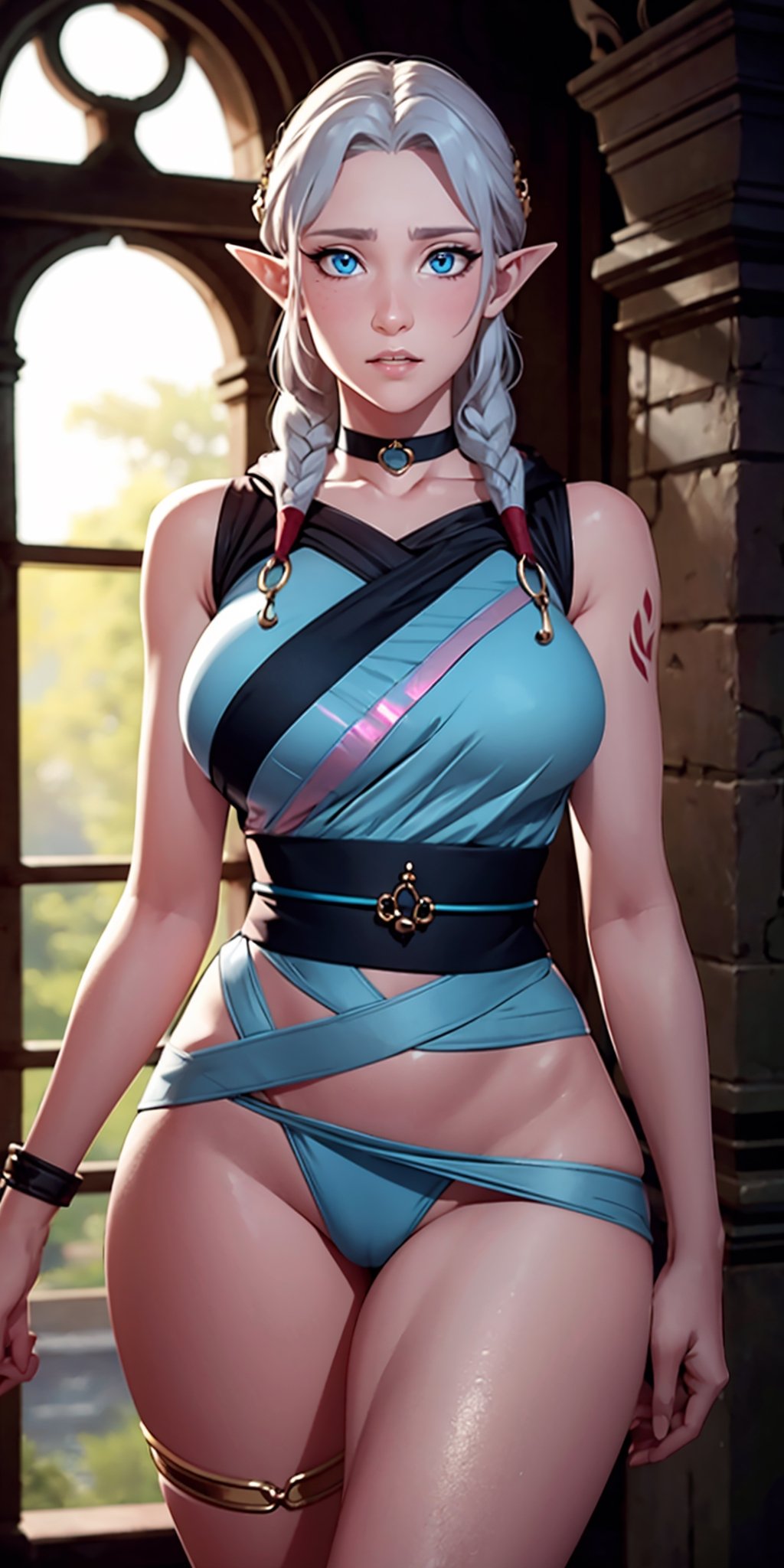 masterpiece,best quality,ultra-detailed,8K,High detailed, picture perfect face,blush,elf,Fymryn,(blue eyes,iridescent eyes),cute,charming,alluring,innocent,naive,flirty,(grey hair),braid,perfect female body,slim,thicc hips,hourglass body shape,pink lips,sleeveless, bare shoulders, hood, rings, choker, circlet,sash,thong