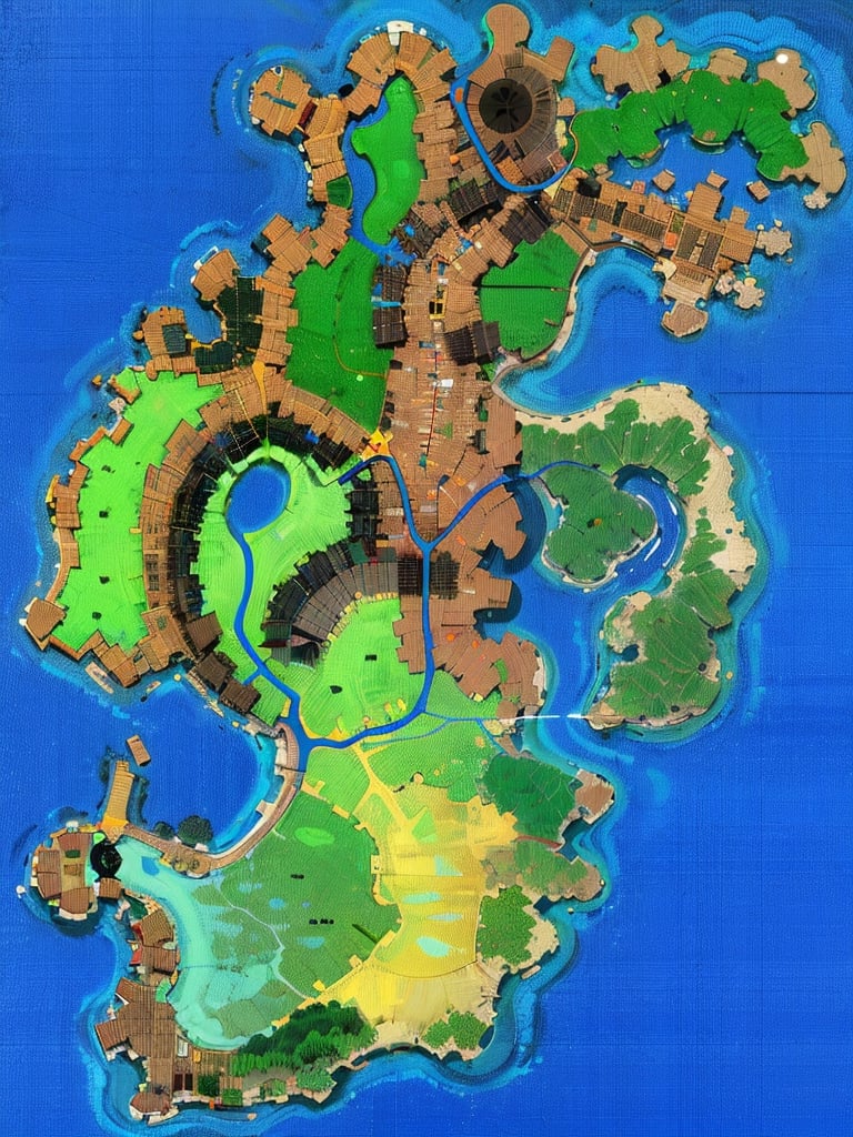 best quality,8k,hd,ultra realistic, helicpoter photo, A map of a fantasy jungle island, displaying rivers,swamps,jungles,mountains , several small islands and a sharp reef surrounds most of the remote island, most of its shorelines are fertile red clay, the southlands are farmlands of sugarcanes and wild wheats,the east is a pale ghost jungle, the northern plateus of the islands are surrounded by a marshlands deltaa where several of the freshwater rivers from the mountains meet, the highlands on the north is a dense jungle surrounded by mighty mountains,
(only the southernmost part of the island has a harbor and some colonies),