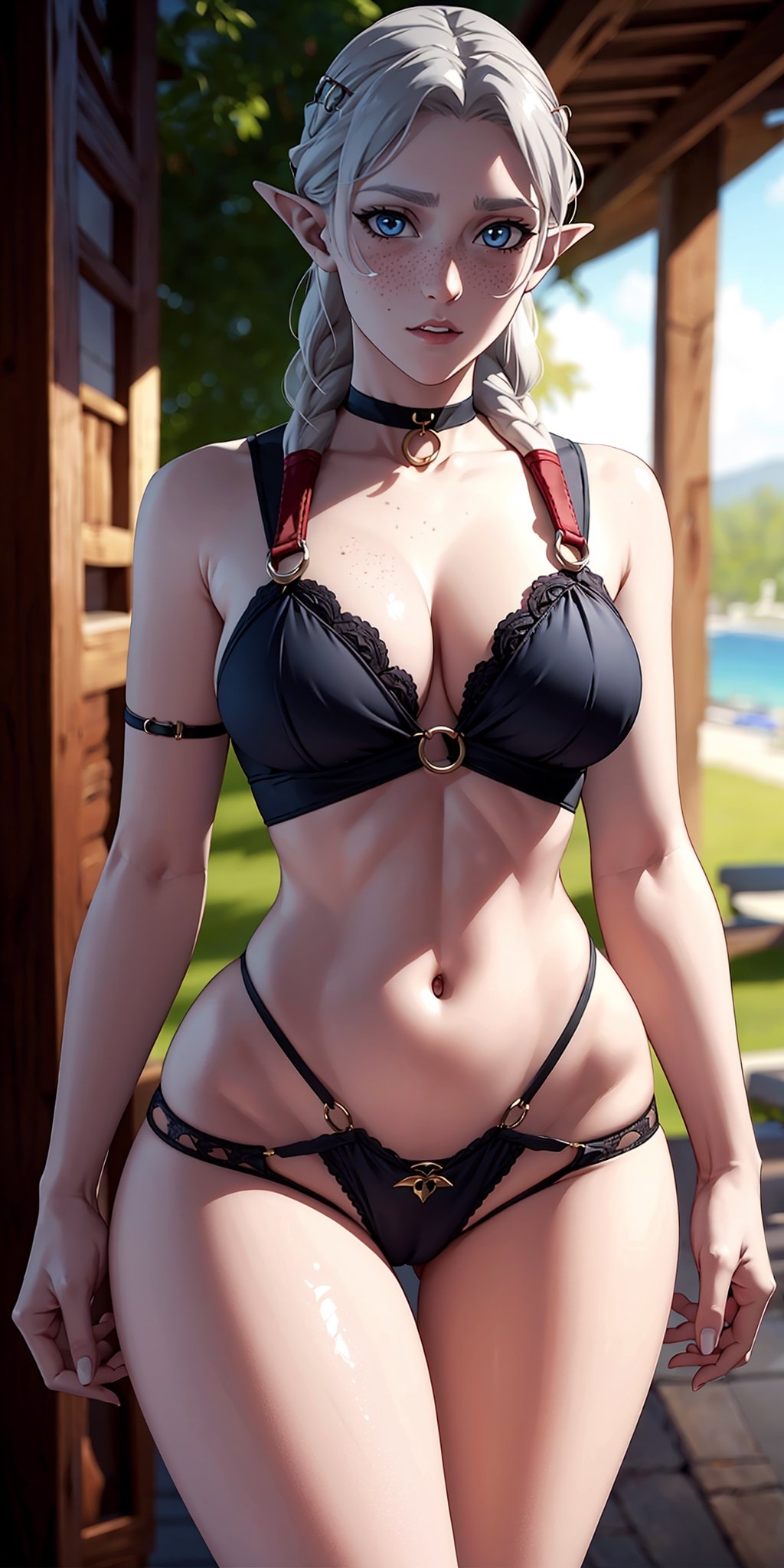 masterpiece,best quality,ultra-detailed,8K,High detailed, picture perfect face,blush,freckled,elf,Fymryn,(blue eyes,iridescent eyes),cute,charming,alluring,innocent,sexy,feminine,girly,(grey hair),twin braid,perfect female body,slim,thicc hips,hourglass body shape,pink lips, rings,choker,circlet,lews,skimpy,nsfw,thong,pubic hair,