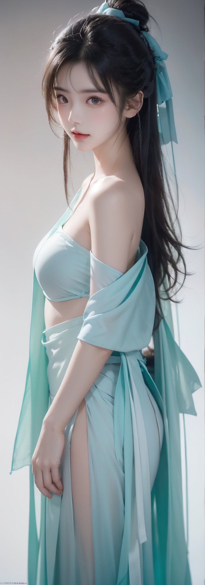 masterpiece, best quality, official art,(Ultra realistic), Extreme contrast,Ultra detailed,8k,(uncensored Photography),(The most reasonable photo layout),
// 
1girl,solo,slight smile, black_long_hair,Beautiful face, perfect figure,Fair skin,
// 
(Delete Background),(cyan Off shoulder Hanfu:1.25),(Whole body),standing