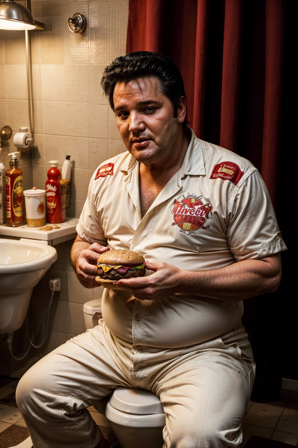 Fat Elvis Presley, savoring a beef burger, while sat on the toilet, enjoying a moment, warm nostalgic lighting, candid and genuine photography, capturing the essence of Elvis in vivid 4K detail.