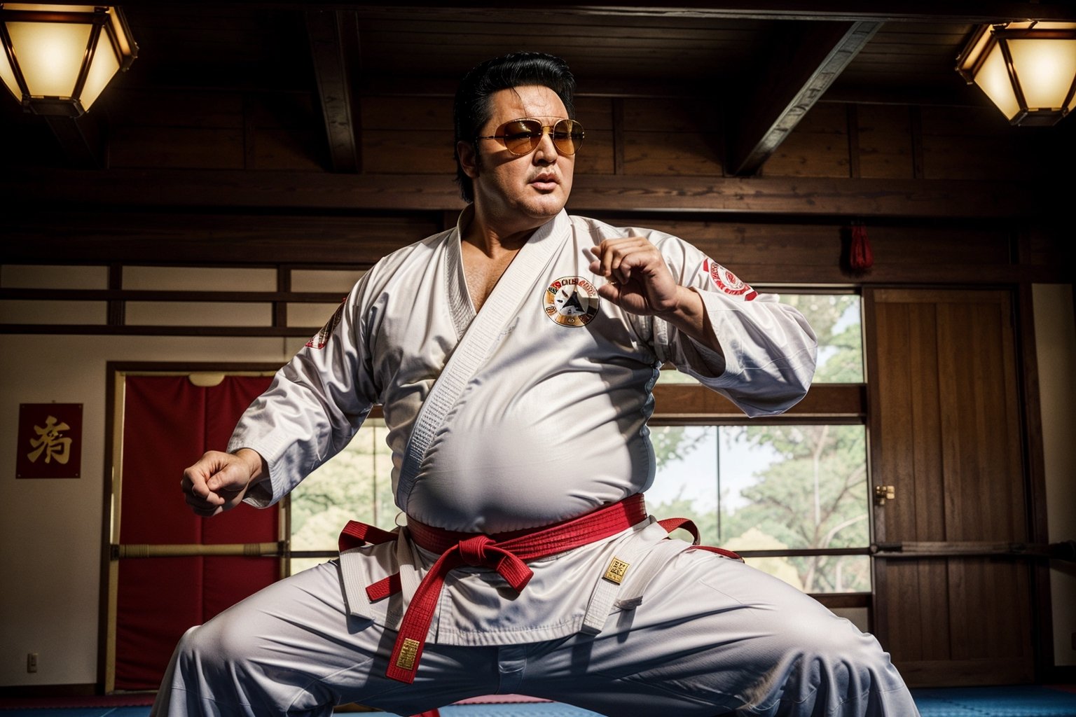 Fat Elvis Presley, embodying Kung Fu prowess in a 70s dojo, clad in a Taekwondo outfit, unique and larger-than-life, rocking his signature shades, blending martial arts with iconic style, dojo setting with traditional decor, dynamic lighting capturing the fusion of eras, candid and legendary in 4K quality