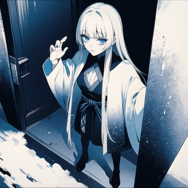 solo, blizzard storm, gloomy settings, (from above), ((standing on the door step)), (dark night:1.4), upper body, centered, look at the viewers, Yuki onna, black falling hair, messy hair, blunt bangs, (blue lips blue eyes, white eyelashes), Era 1700s (Hut on mountain, standing on a door step of a hut, male_pov:1),Milf,