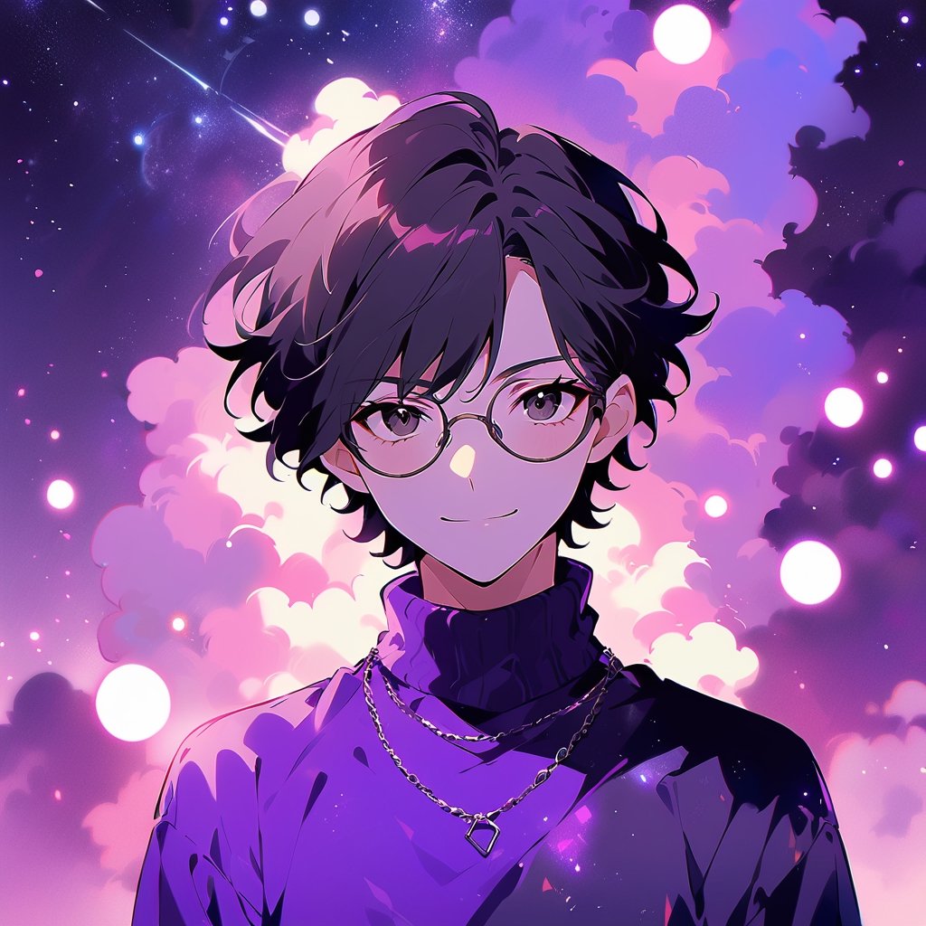 1guy, solo, close_up, white_skin, fair_skin, circular_glasses, centered, looking_at_viewer, smile, dark_bg, purple_theme, theme_shirt, turtle_neck, seleves, facing_viewer, upper_body, 6'2, highschool clothing, lean, black_eye_glasses, high_res, HD, 1080P, lighting, fair_skin, platinum_touch, necklace, coloured glaze, black hair, black eyes, Midjourney,aw0k euphoric style,Vogue,Visual Anime,anime_screencap,fake_screenshot,anime coloring, 