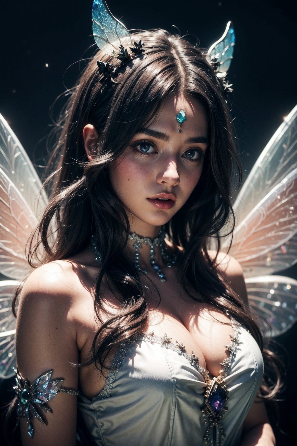 Realistic fantasy, High quality, Ultra Realistic,HDR,8K, High resolution, potrait photography, masterpiece, insanely detail, very detailed face and body, 1girl, (colour glass fairy dress:1.6), ((colorful pearls)),(gemstone:1.7),angle,colorful, short_skirt,sky, stars, celestial body, magic sparkling,atmosphere, (dreamy world:1.4), cinematic shot, High angle shot (noir:1.4),smooth,Detailedface,perfecteyes,(magical Circle:1.3),Detailedeyes
