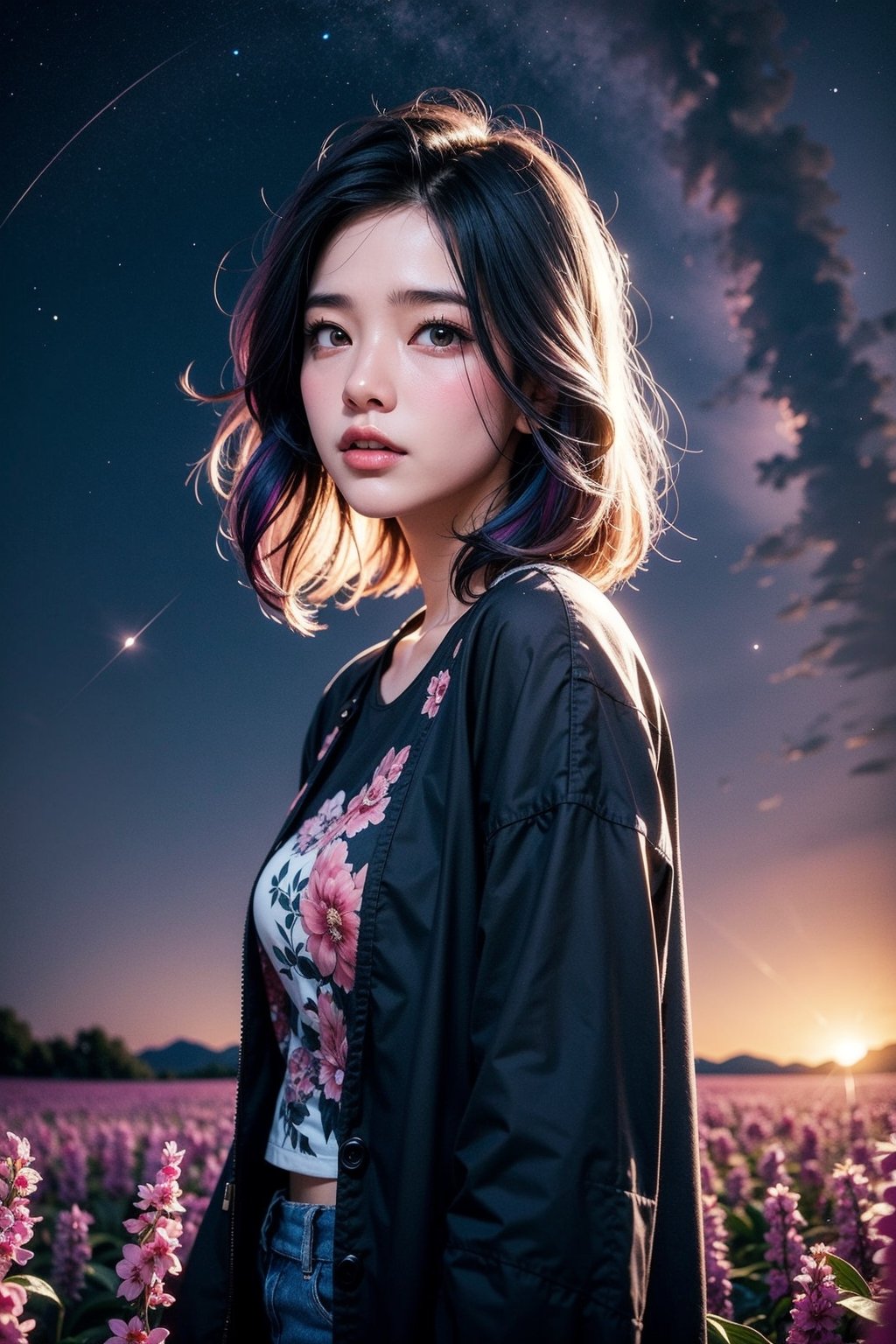 I girl, standing in a flower valley ,windy ,Twilight,( color hair:1.4), Star in sky, the girl gazing the stars,(seeing sky:1.1),purple shade tone sky, realistic, very detailed, High quality background,dreamy like image, flawless beautiful pictures,mood setting aura,( low agle shot:1.2),Detailedface,Detailedeyes,MintharaBG,free style,YakuzaTattoo