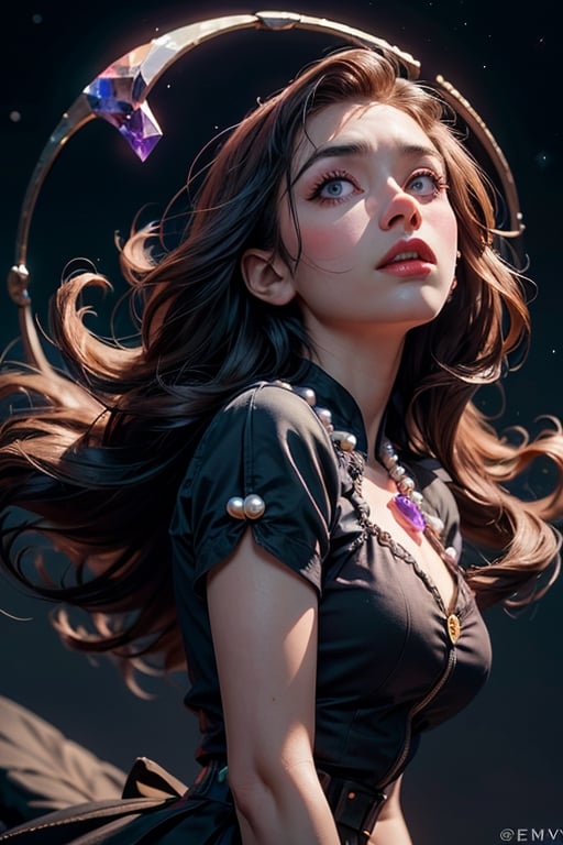 Realistic fantasy, High quality, Ultra Realistic,HDR,8K, High resolution, potrait photography, masterpiece, insanely detail, very detailed face and body, 1girl, ((colorful pearls)),(gemstone:1.7),angle,((floating magical circle),colorful, short_skirt,sky, stars, celestial body, magic sparkling,atmosphere, (dreamy world:1.4), cinematic shot, low angle shot, (noir:1.4)smooth,Detailedface,perfecteyes,(FFIXBG:1.2),(Circle:1.3),Detailedeyes,(EnvyBeautyMix23:1.4)