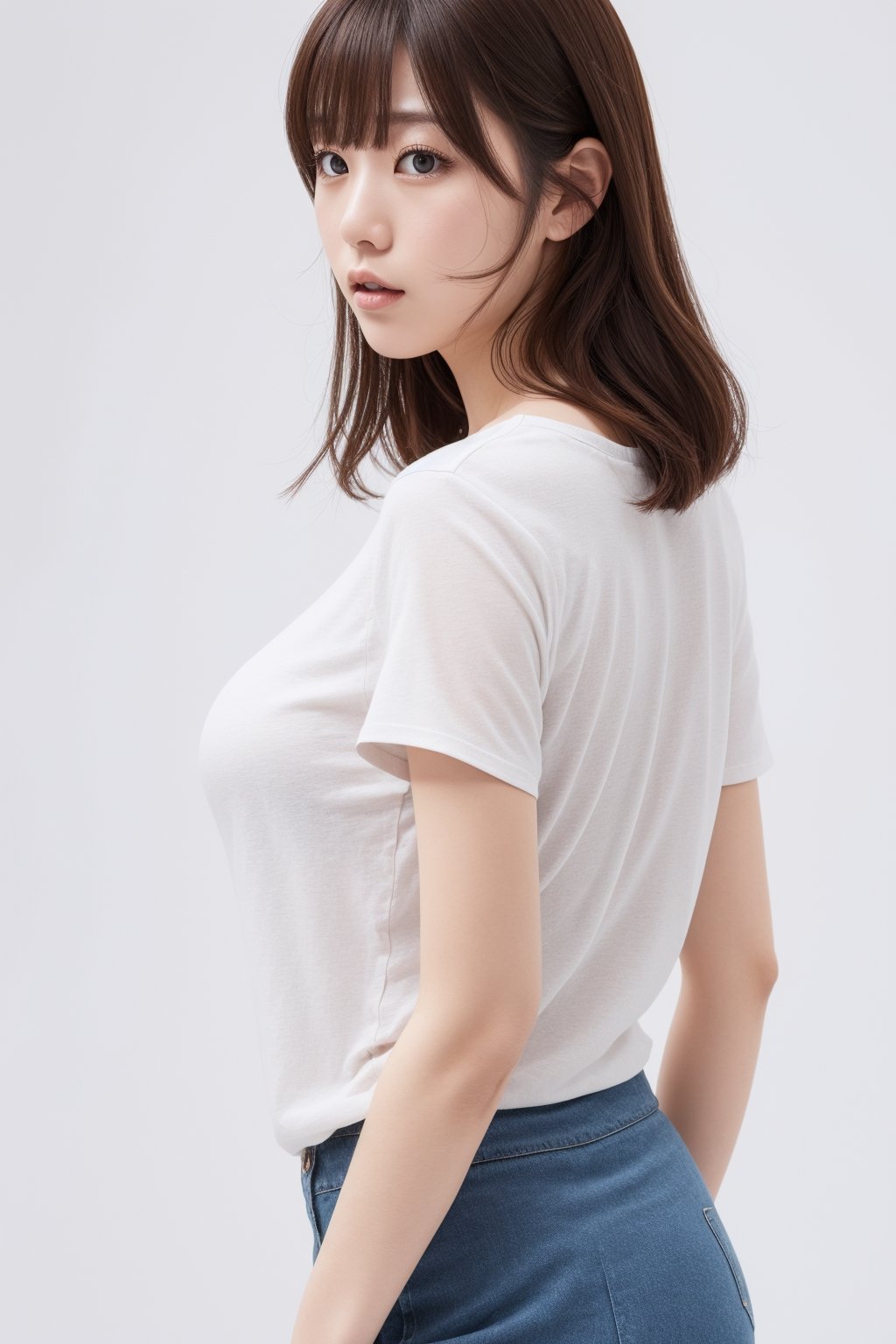 Japan person, woman, single, double, short sleeves, shorts, big breasts, looking down, viewer, white background, realistic, best quality, high resolution, photo