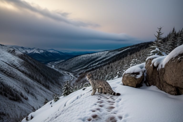 A snow leopard on a rock outcropping looking down on the valley below at night 
While it is snowing 
