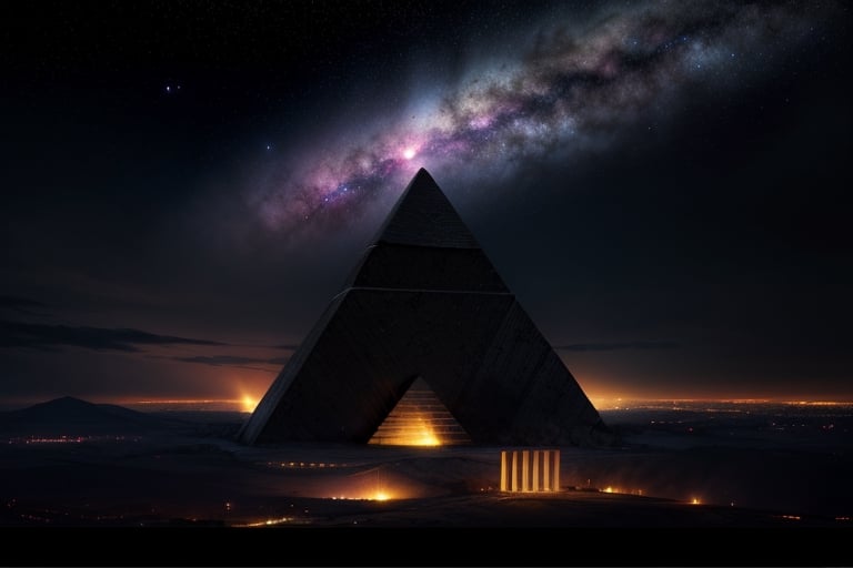 Pink Floyd pyramid with smoke stacks light show galaxy in sky
