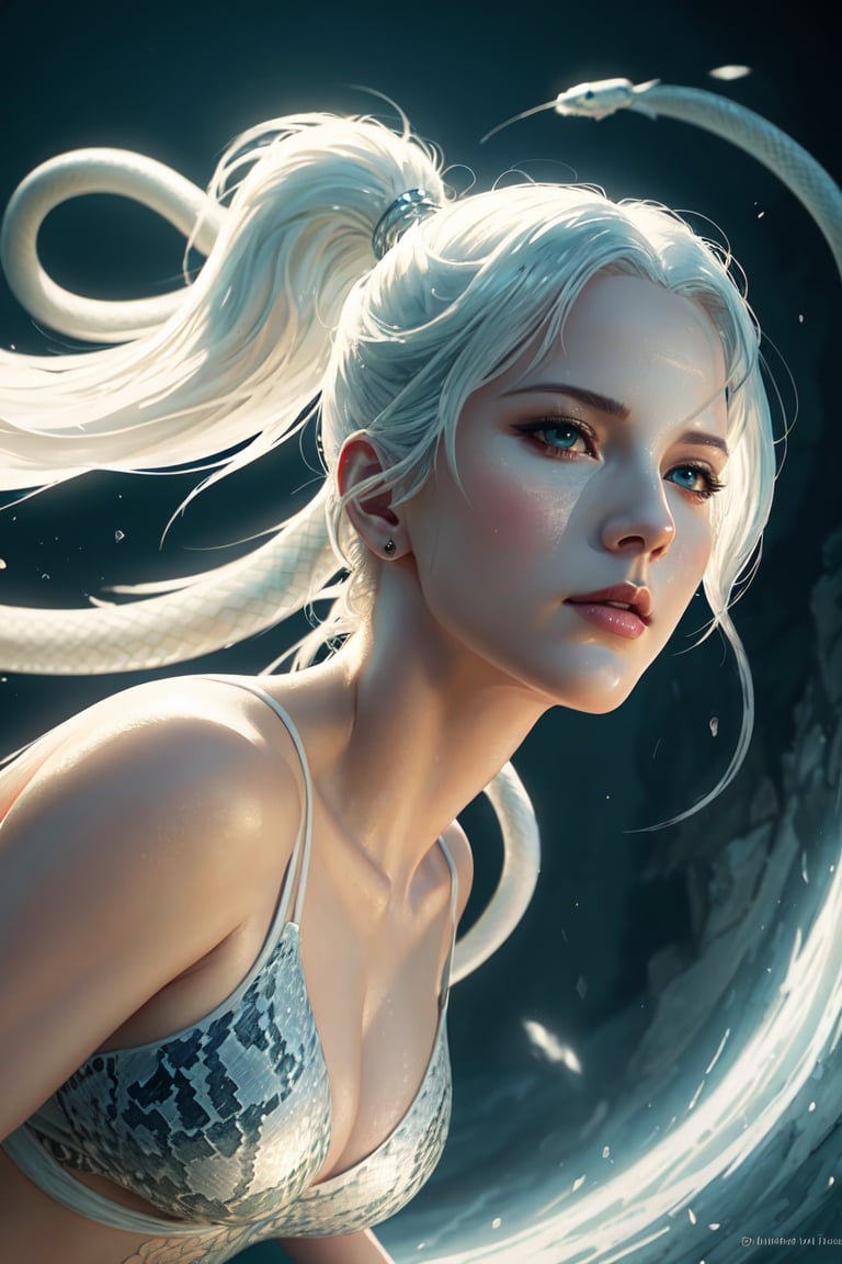 Portrait of Lady White Snake, high-quality cell-shaded illustrations, dynamic pose, perfect anatomy, centered, freedom, soul, approach to perfection, cell shading, 4k, cinematic dramatic atmosphere, watercolor painting, global illumination, detailed and intricate environment, fluid and sharp focus, volumetric lighting, cinematic lighting