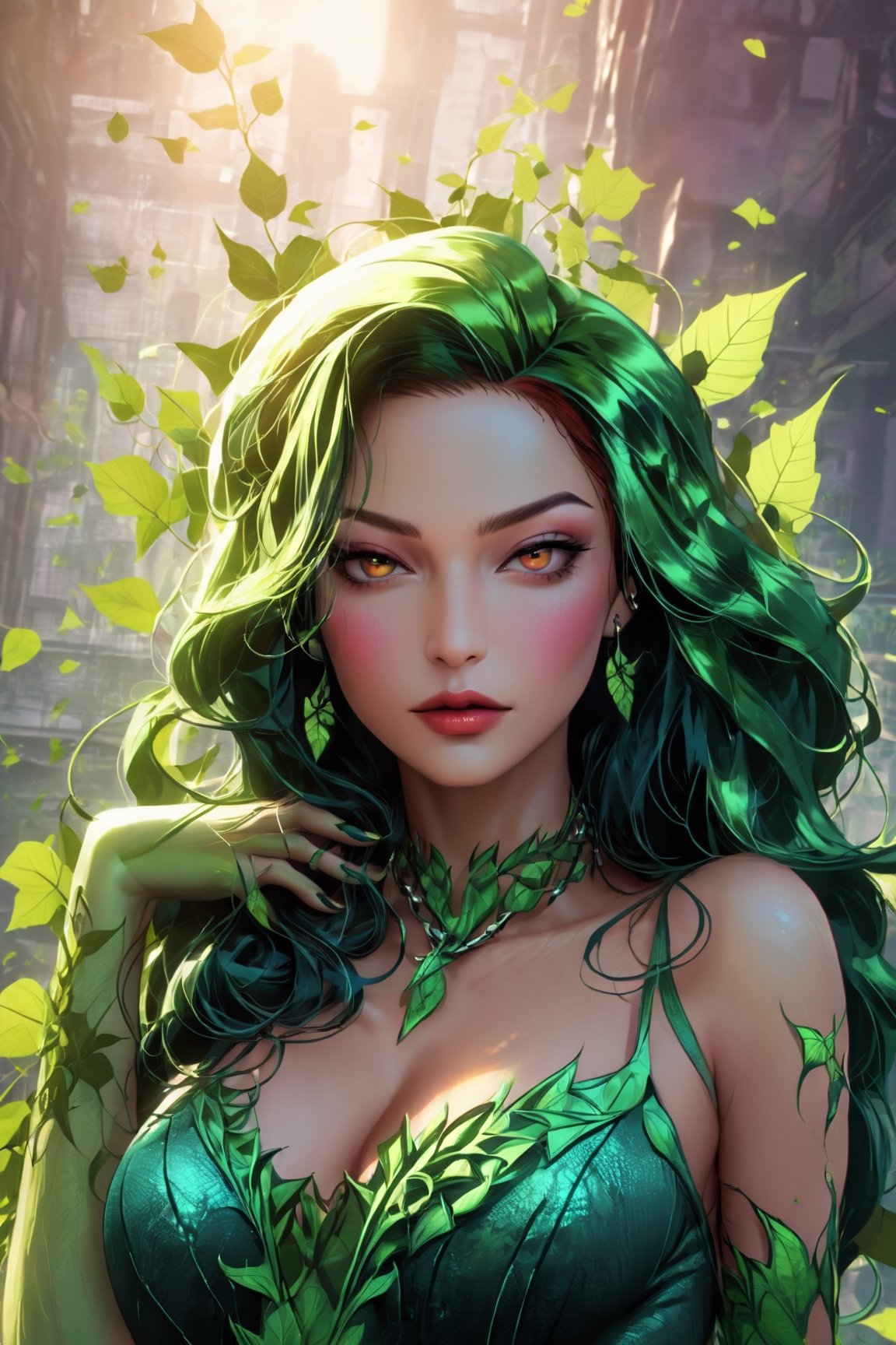 midshot, (cel-shading style:1.3), centered image, ultra-detailed illustration of Poison Ivy, (tetradic colors), ink punk, (ink lines:1.1), strong outlines, art by MSchiffer, bold traces, unframed, high contrast, (cel-shaded:1.1), vector, 32k resolution, best quality, flat colors, flat lights,close up