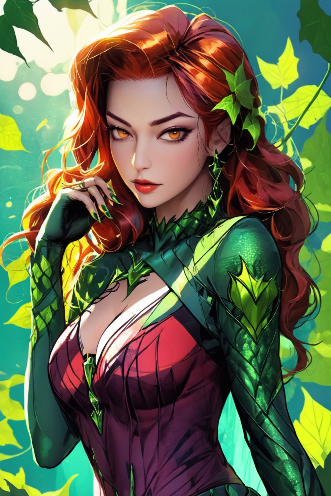 midshot, (cel-shading style:1.3), ultra-detailed illustration of Poison Ivy, (tetradic colors), ink punk, (ink lines:1.1), dynamic pose, strong outlines, art by MSchiffer, bold traces, unframed, high contrast, (cel-shaded:1.1), vector, 32k resolution, best quality, flat colors, flat lights,close up,perfecteyes