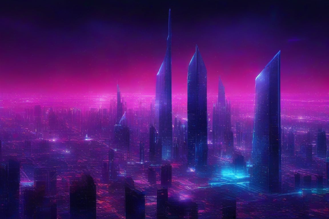 masterpiece, best quality, cityscape, crystal building hybrid, metropolis, cyan buildings, vivid, dark magenta background, high_tech, midnight, scarlet_stars, city lights, scenery,Leonardo Style,greg rutkowski