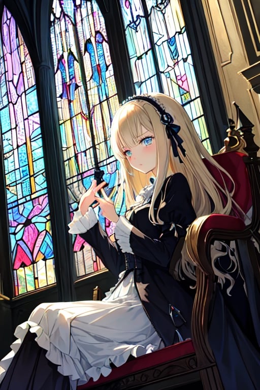 Masterpiece, beutiful, Victorique from Gosick, pouty expression, sitting, cathedral, gothic, glass window