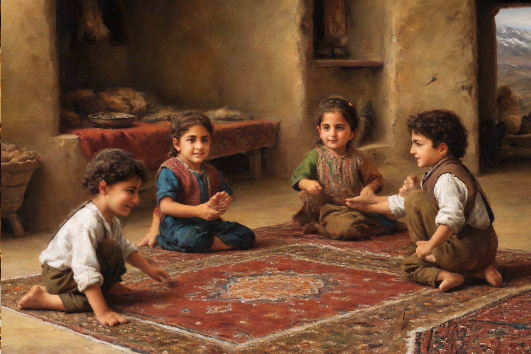 atmospheric oil painting of Kurdish children playing in a room full of kurdish persian rug carpets,  village house built into the mountains of Kurdistan,  renaissance style painting,  best quality,  masterpiece,  highly detailed,  Highly detailed,  intricate stunningly beautiful