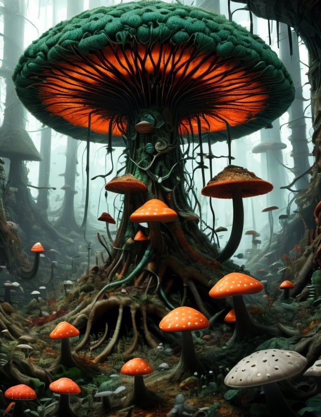 ((best quality)), ((masterpiece)), ((realistic,digital art)), (hyper detailed), DonMG414 Flecked Prolific Cylindrical Velvety mushroom, Knobby, Fibrillose, Fungal Filaments Entwined with Roots, Plateau, Terrestrial,   Quick Bruising,,Bluish Latex,,Flaring Ring,  Poisonous compounds, , octane rendering, raytracing, volumetric lighting, Backlit,Rim Lighting, 8K, HDR,   