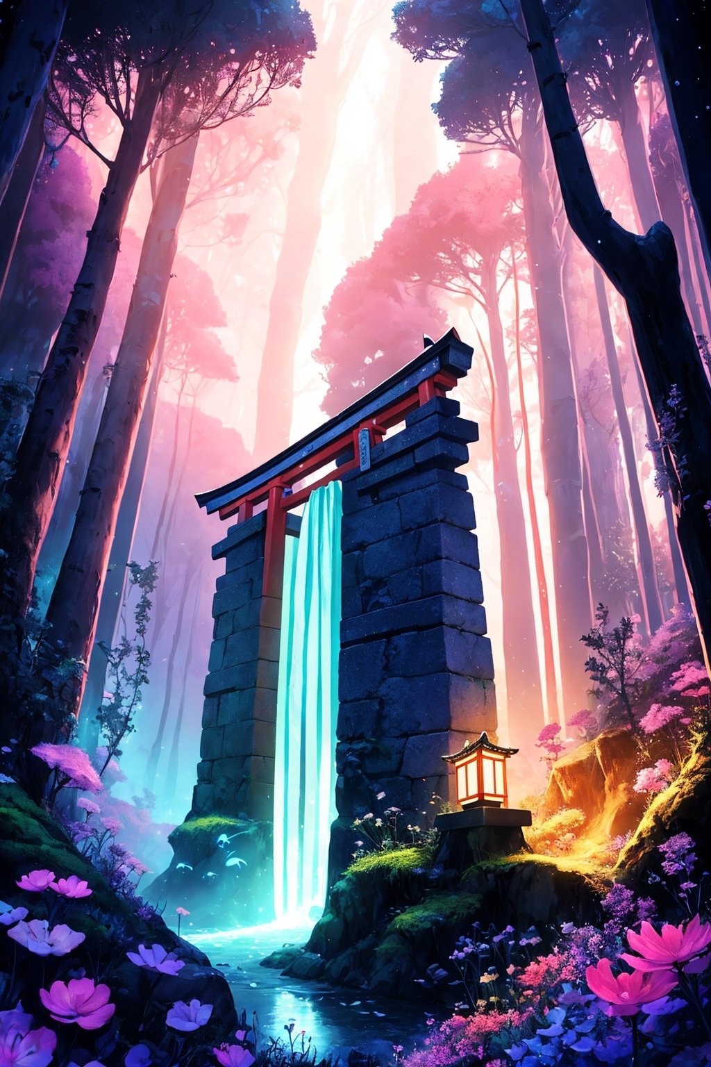 A captivating Japanese torii gate, standing tall amidst an enchanted bioluminescent forest that emanates ethereal beauty and a touch of magic. This mesmerizing scene is inspired by the unique style of Cathleen McAllister, blending elements of realism and fantasy. The torii gate is illuminated by the soft, enchanting glow of bioluminescent bugs, creating a wondrous and otherworldly atmosphere. The digital artwork is a testament to the artist's creativity and attention to detail, transporting viewers to a world of enchantment and awe. The color scheme features a mesmerizing array of luminescent hues, adding to the magical allure of the forest. Skillfully using digital art techniques, the artist brings the scene to life, evoking a sense of wonder and inviting viewers to immerse themselves in this enchanting realm.