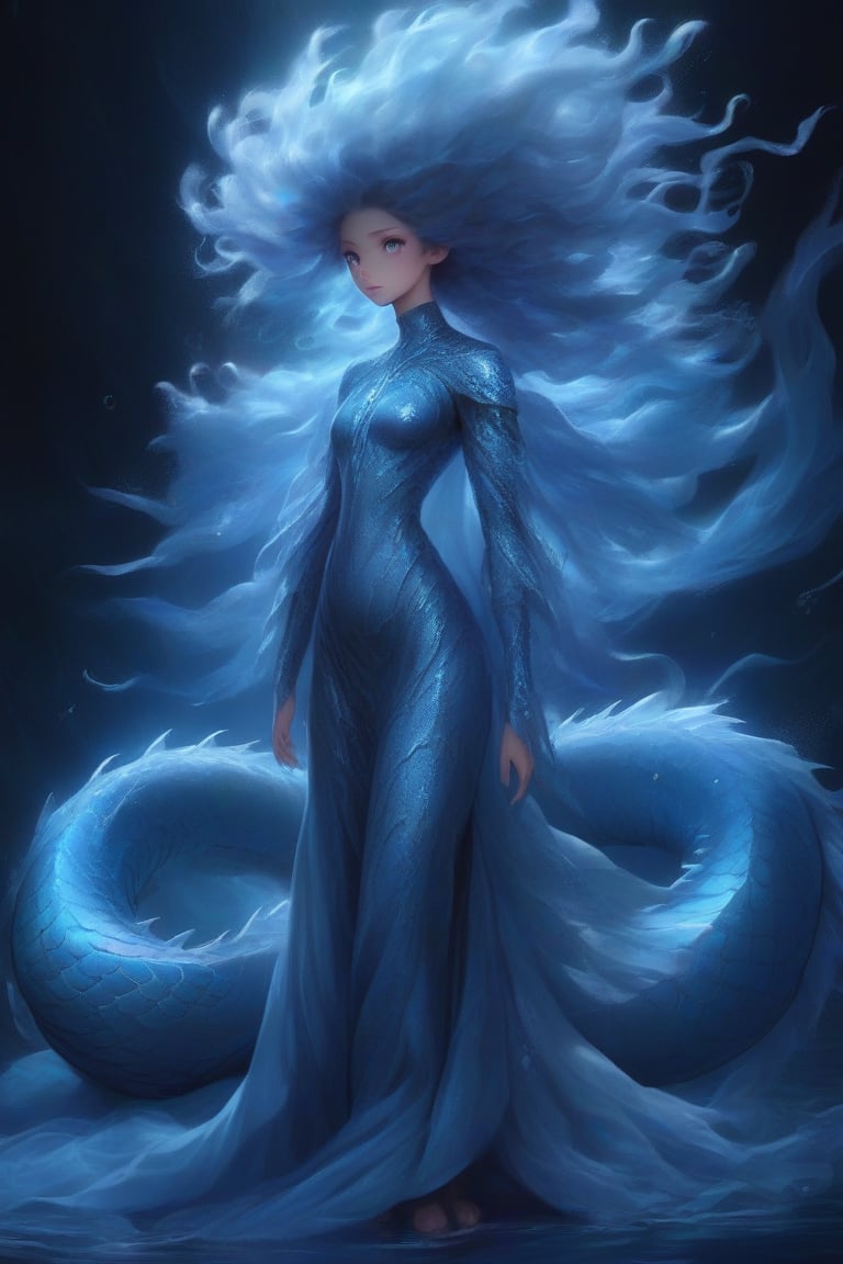 The ethereal woman stands as a testament to the harmonious melding of nature's beasts and cosmic wonders, condensed into a human form that exudes otherworldly charm. Her silhouette, reminiscent of an elegant dancer, is enhanced with subtle features pointing to her diverse heritage.

Her skin, a shade reminiscent of twilight, has an almost iridescent shimmer, as if catching the light in a way only a creature infused with the essence of a red and blue-eyed dragon would. It's not just the color, but the texture, which in 4K clarity, reveals faint patterns akin to the intricate designs seen on a dragon's wing or an interstellar commander's armor.

Sprouting gracefully from her back are wings, not oversized but delicate, embodying the essence of a majestic azure dragon and a vast space-faring worm. These wings possess a translucency, their veins forming patterns that seem inspired by both the depths of the oceans and the vastness of galaxies.

Her eyes, a mesmerizing electric blue, betray her lineage tied to a deity of lightning and a revered spellcaster. They hold an intensity, an ageless wisdom, as if she has seen the rise and fall of empires and the birth and death of stars. Above those eyes are eyebrows that have a slight curve, reminiscent of the fins of an aquatic serpent.

Her hair flows long and is reminiscent of a cascade, its color shifting from the deep blue of an oceanic behemoth to the silver hints of an ancient sorcerer. Each strand seems to be alive, moving as if it's influenced by underwater currents and cosmic winds, its detail perfectly captured in high definition.

Her nails, though manicured, have a slightly elongated shape, reflecting the traits of deep-sea creatures and ancient wizards. They emit a soft, bioluminescent glow, illuminating her path in darker surroundings.

As she moves, her grace is unparalleled, a blend of human agility and the ethereal float of a creature from the deep sea or outer space. Around her, the air seems to pulsate with a gentle energy, an aura that combines the mystery of the deep oceans with the vastness of the universe, making her presence both a comfort and a marvel to those fortunate enough to be in her company.