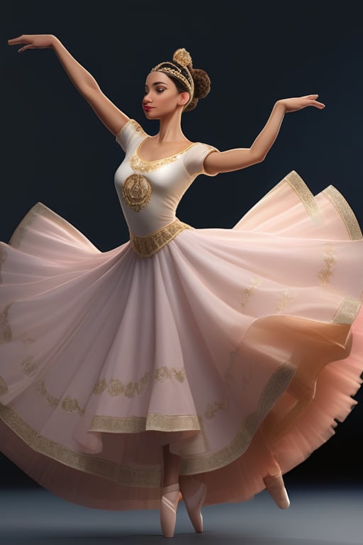  Female character with a ballet dancer theme, Her attire and accessories should be inspired by Colombian mythology or regional Colombian attire, embodying the rich heritage of the nation, Create various poses that highlight her graceful ballet movements, blended with a hint of irony and supreme confidence, As she dances, her expressions should exude the certainty of triumphing over any challenge that comes her way, Against a backdrop featuring mesmerizing landscapes from Colombian regions, showcasing the country's natural beauty and diversity, Her facial demeanor should blend the elegance of ballet with an assured smirk, portraying a dancer who knows she's unparalleled in her craft