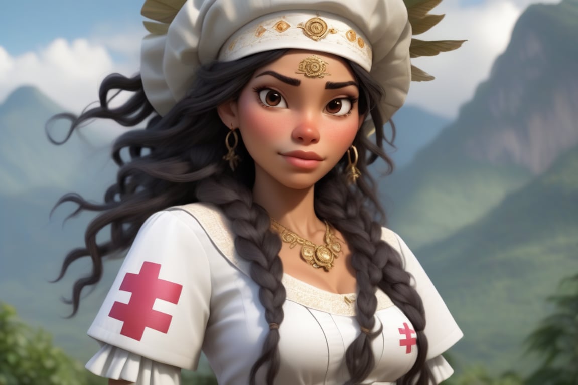 Female character with a nurse theme, Her attire and accessories should be infused with Colombian mythology or regional Colombian clothing, mirroring the deep roots and narratives of the country, Construct various poses that display her nursing abilities, paired with a demeanor of unwavering assurance, showing faith in her healing prowess even against the most dire of ailments, Her facial expressions should emanate an iron-willed determination, a profound desire to ensure wellness, and eyes that shimmer with a magical healing glow, indicative of her unparalleled commitment to care, Set against a canvas of breathtaking landscapes from Colombian regions, celebrating the country's scenic splendor and legacy, Her hands, the very conduits of her magical healing, should be intricately detailed, resonating with a potent energy, portraying them as the epicenter of her restorative powers. The final depiction should highlight a nurse whose healing magic, combined with her Colombian-inspired garb, ensures that not even the gods can snatch away a life under her care."