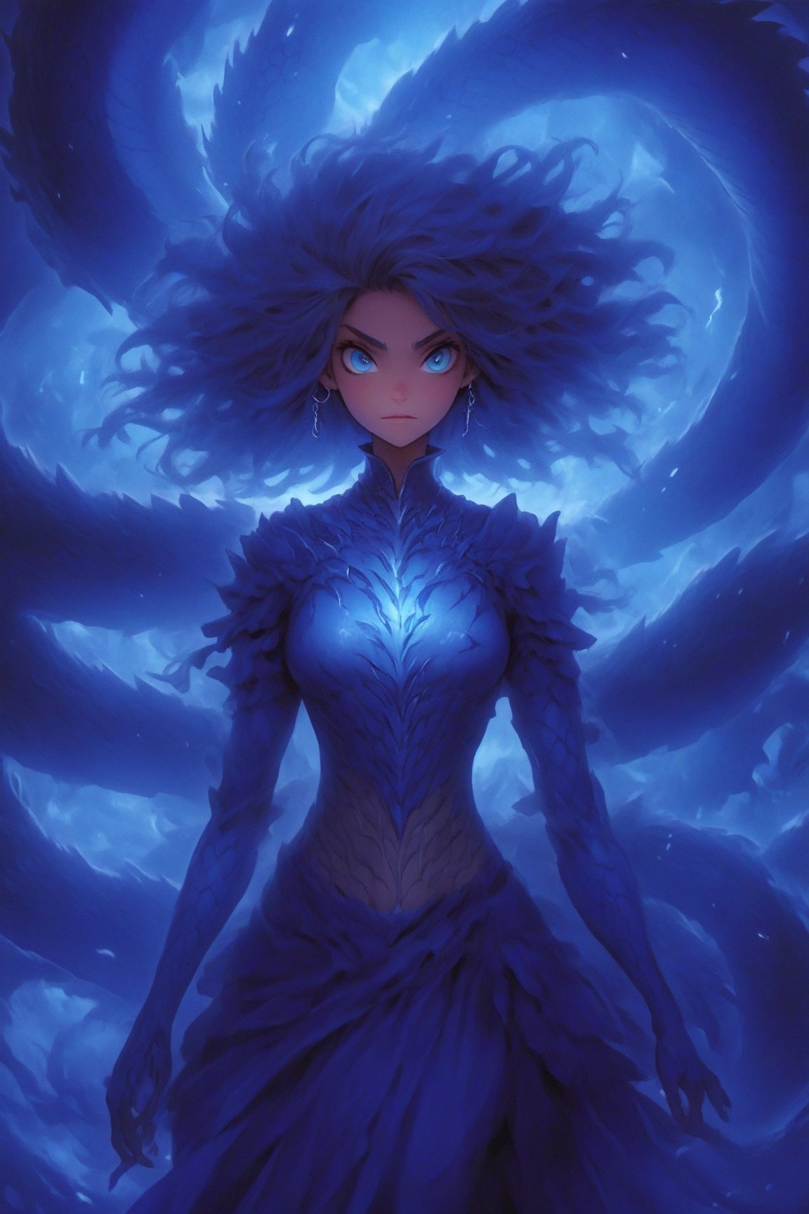 "Using the provided photo as a foundation, create a detailed illustration that encapsulates a girl with traits of multiple realms and legends. Her stature should hint at an otherworldly presence, with skin that has a faint metallic sheen. Her hair should flow with shades of sapphire and midnight blue, reminiscent of red and Blue-Eyed White Dragons. Concealed wings on her back should appear like intricate tattoos that can become tangible. Her eyes must gleam in electric blue, reflecting the storms of a lightning deity and the depth of an age-old spellcaster. Hands should bear the subtle strength of oceanic and magical forces. Finally, around her neck, a pendant should rest, pulsing softly with the essence of legends. This design should maintain the softness and emotion of the human face, echoing the details reminiscent of the mighty Megazords, and while drawing, emphasize high-definition precision on her eyes and face