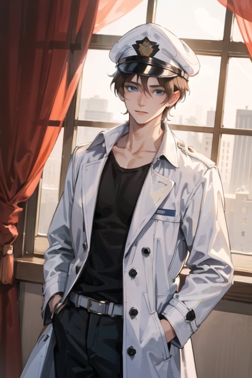 (masterpiece), best quality, high resolution, highly detailed, summer, perfect lighting, 1boy, short hair, brown hair, mullet, medium length center parting, curtains, forehead view, blue eyes, white trench coat, clavicle, sexy, athletic, cap white, orange T-shirt male, detective, detective cap,