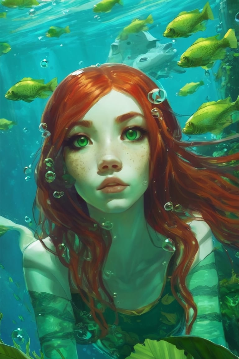 1girl, solo, long hair, looking at viewer, green eyes, red hair, parted lips, water, lips, leaf, looking up, monster girl, partially submerged, freckles, fish, underwater, air bubble,