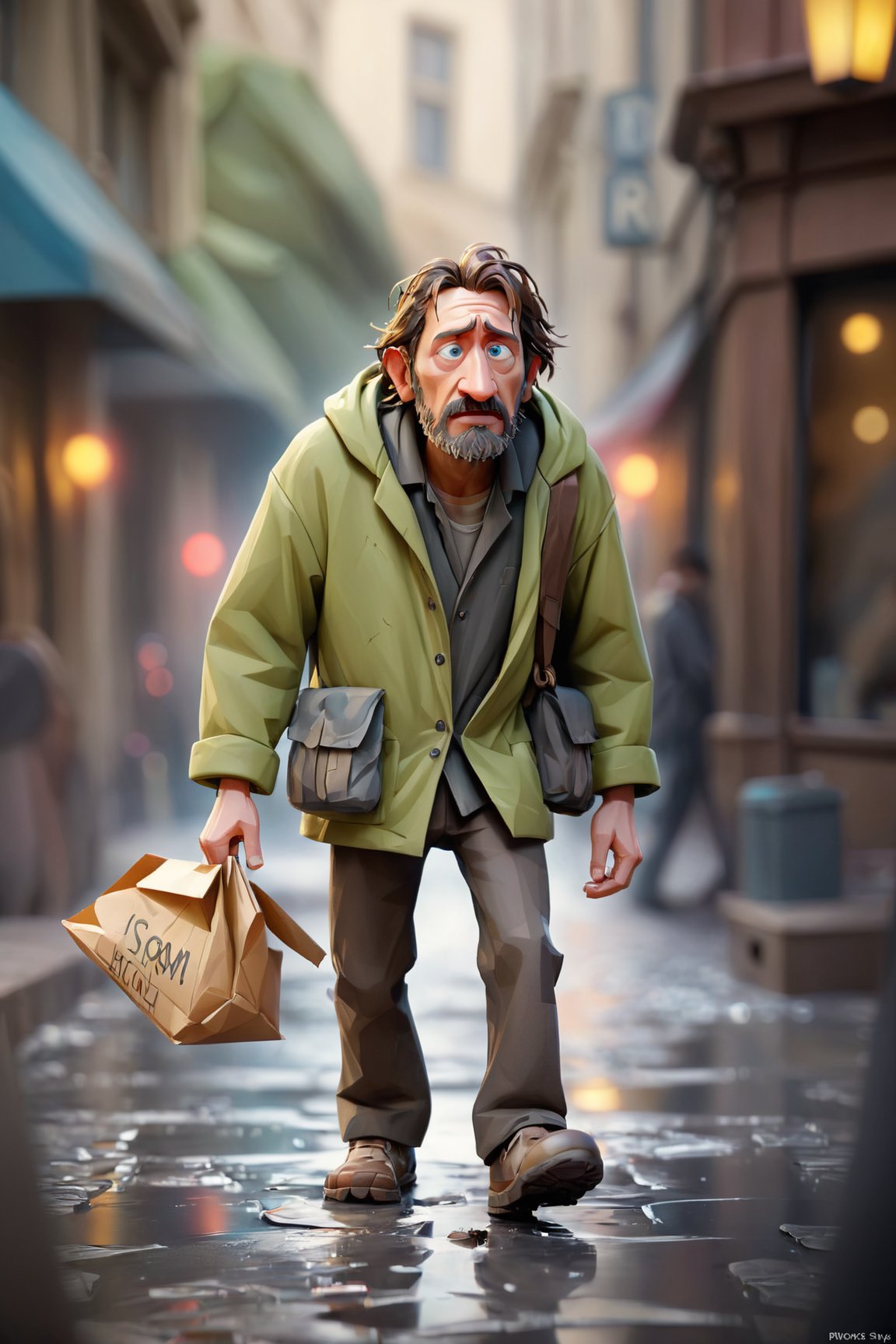 Imagine a bacterium playing the role of a homeless man, walking very sad, banished look down, pixar style image.