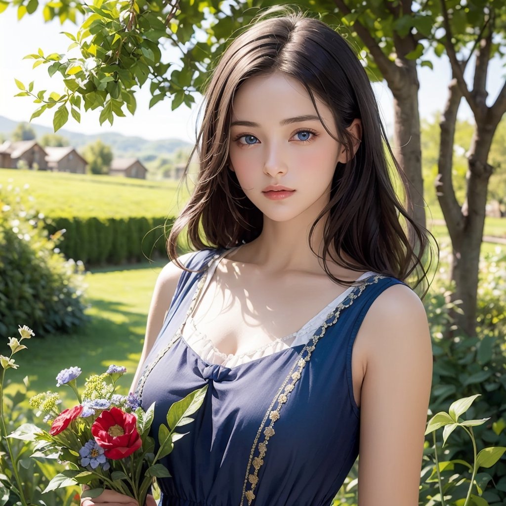 Masterpiece. A 19th century French country girl stands in a pastoral scene.  She has dark hair held back by a blue kerchief.  She wears a 19th century peasant style dress and she has vibrant blue eyes and perfect features. Perfect skin. Very beautiful. Like a Bouguereau painting.  She is holding a bouquet of wildflowers in her hands, which she holds in front of her body.  Behind the girl is a tree lined lane and beyond the trees is a rustic farmhouse.  Golden sunlight suffuses the scene. ,little_cute_girl