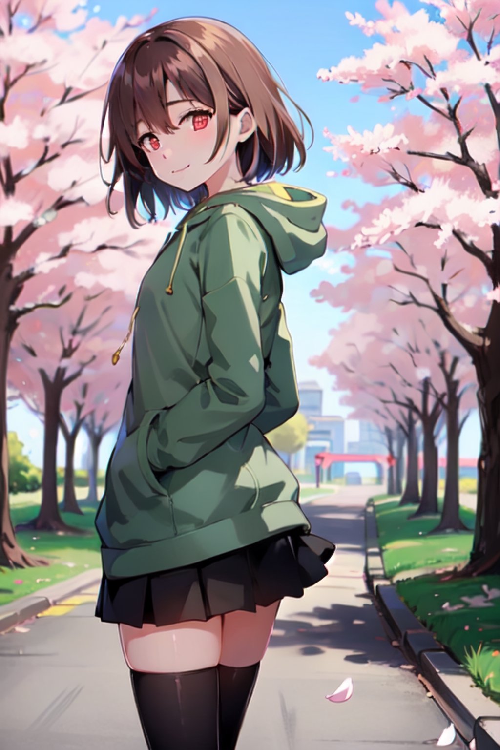 Chara, red_eyes ,green hoodie, black_skirt, black_thighhighs, brown_hair, in a park, cherry blossoms in the background 