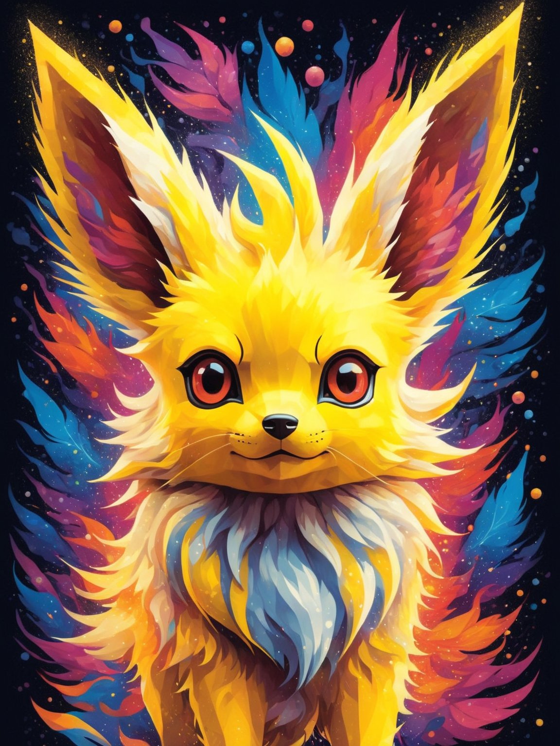 Create an enchanting portrait featuring the beloved Jolteon from the world of Pokémon. Let the symmetrical design burst with colors that capture the essence of this electric Pokémon. Infuse the combined creative genius of Dr. Seuss, Michal Karcz, Cyril Rolando, Asher Durand, Natalie Shau, and Alex Grey to craft a captivating amalgamation. This pixel art artwork, tailored for a T-shirt graphic, seamlessly melds the intricate details of a retro car with vibrant shades, all presented within a clean and highly detailed vector image.
Employ an interplay of dynamic colors and gradients to meticulously craft a photorealistic masterpiece, using professional photography techniques. Frame this vivid tableau against a simple sunrise backdrop, set against a flat white background to amplify the vibrancy. The isometric perspective adds depth to the composition, resulting in a vibrant vector image that exudes professionalism, artistic allure, and the dynamic spirit of Jolteon from Pokémon, all against a striking white backdrop,dfdd,Digital painting ,dripping paint