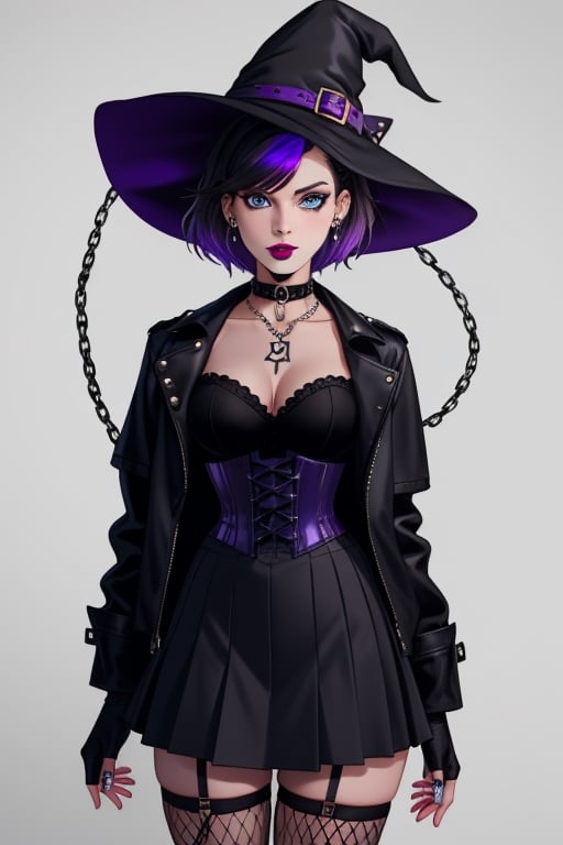 Halloween 🎃,pumpkins,witch_hat,1 woman, gothic girl with short hair, black eyeliner, black painted lips, fingerless gloves, blue eyes, beautiful eyes, black hair, hair with violet highlights, ear piercings, choker, fishnet stockings, jacket, chain, exposed navel, tattoo, skirt, waist shaping corset