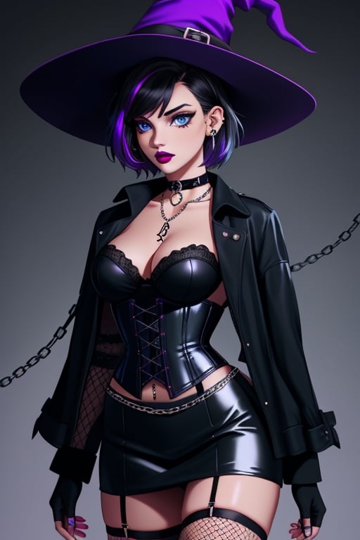 Halloween,witch_hat,1 woman, gothic girl with short hair, black eyeliner, black painted lips, fingerless gloves, blue eyes, beautiful eyes, black hair, hair with violet highlights, ear piercings, choker, fishnet stockings, jacket, chain, exposed navel, tattoo, skirt, waist shaping corset