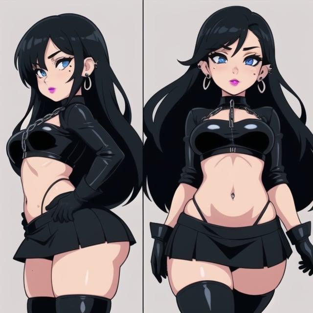 1 woman, sexy and cute,big breasts,big ass and wide buttocks, gothic girl with long hair, black eyeliner, black painted lips, tight clothing, exposed navel, short skirt, chain, gloves, blue eyes, black hair, ear piercings ,1 small mole on face, multiple panels