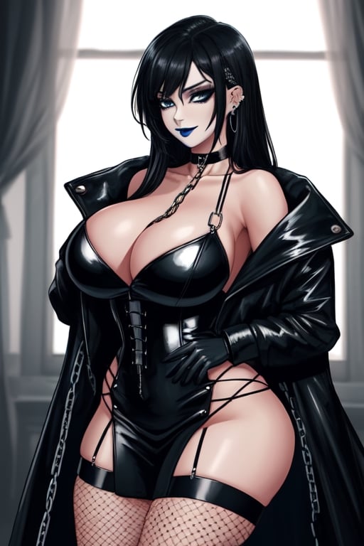 1 woman, sexy and tough, big breasts, wide hips, gothic girl with long hair, black eyeliner, black lipstick, gloves, blue eyes, black hair, ear piercings, choker, fishnet stockings, jacket, chain, white wedding dress