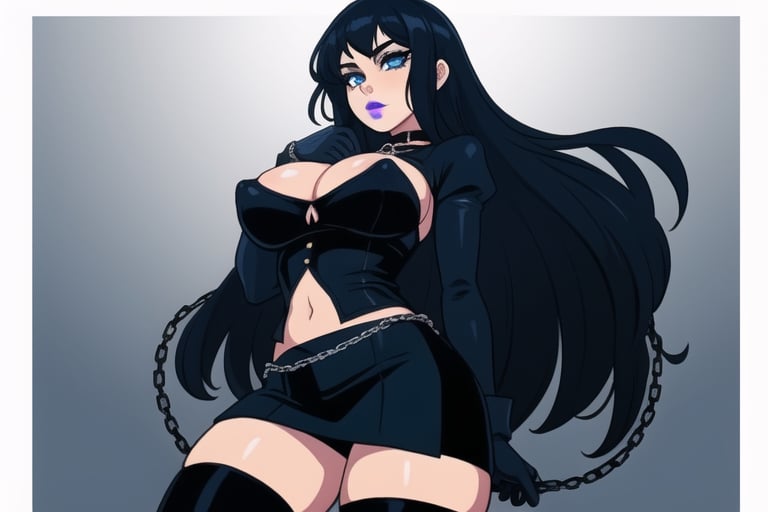 1 girl, gothic woman with long hair, black eyeliner, black painted lips, big breasts, cleavage, tight clothing, exposed navel, short skirt, chain, gloves, blue eyes, exposed nipples, hand touching her chest, long hair dark blue color