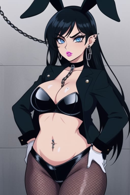 1 woman, sexy and tough, big breasts, big ass and wide hips, gothic girl with long hair, black eyeliner, black painted lips, tight clothes, exposed navel, chain, gloves, blue eyes, black hair, piercings ears, fishnet leggings, jacket, choker,playboy suit